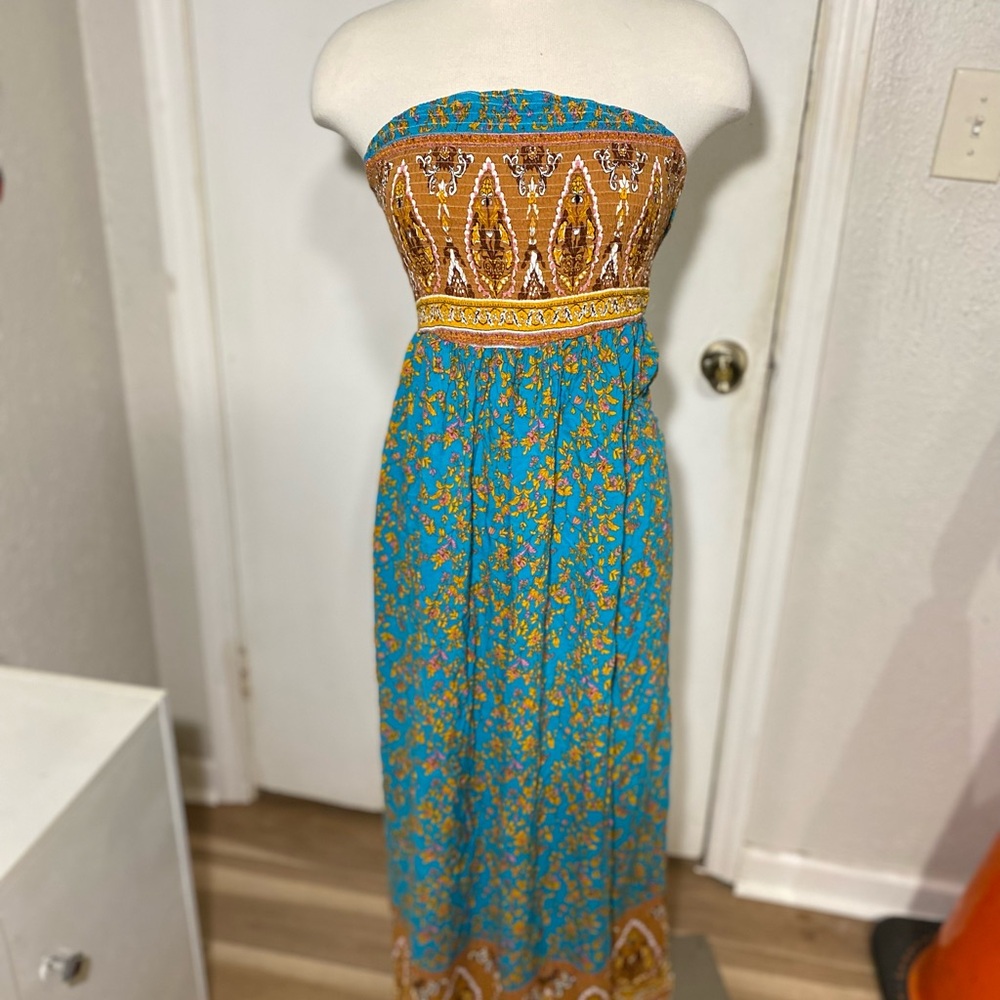 SHEIN Strapless Teal and Tan Dress